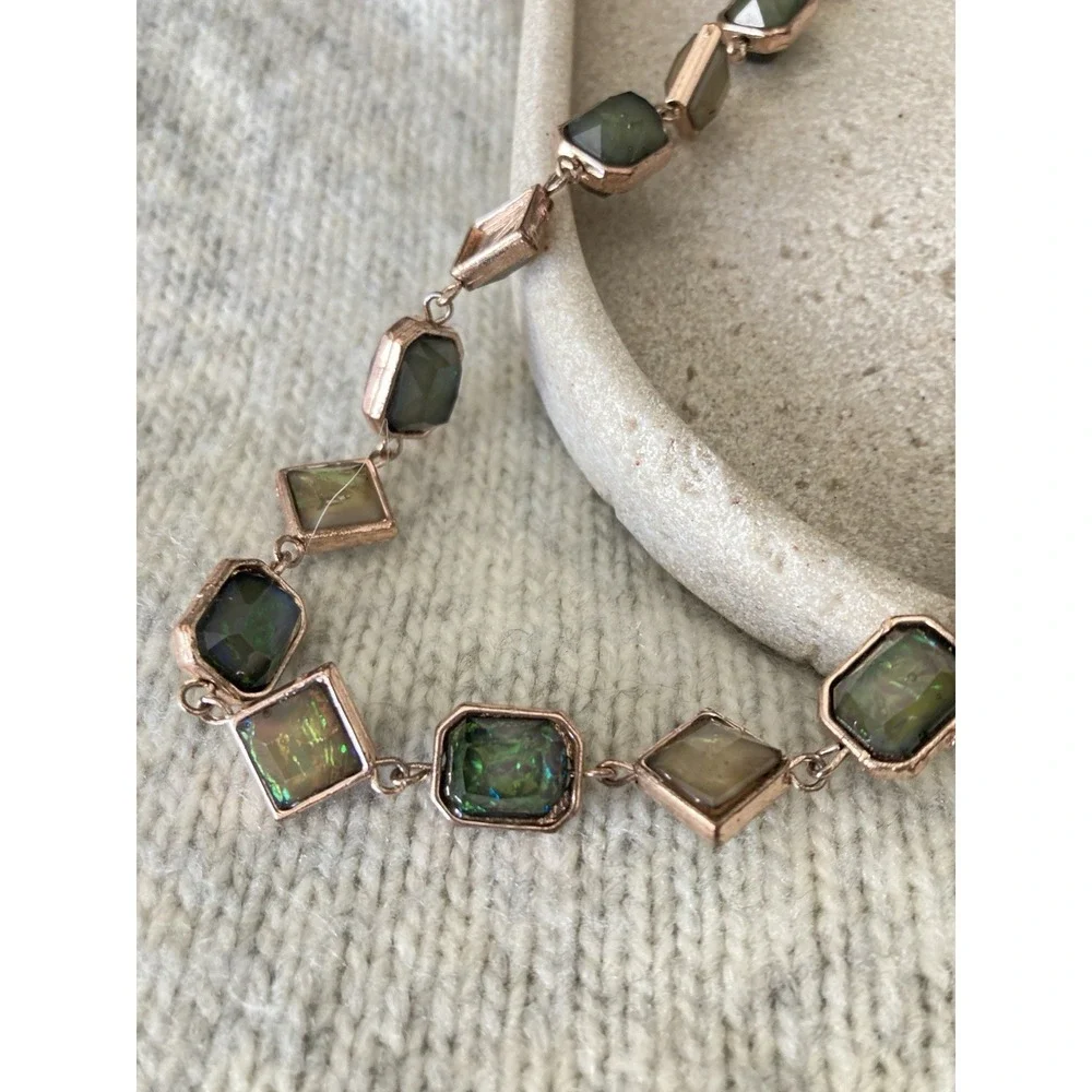 Green Aurora Glass Station Necklace Rose Gold Tone Geometric Link Long Bezel Set
